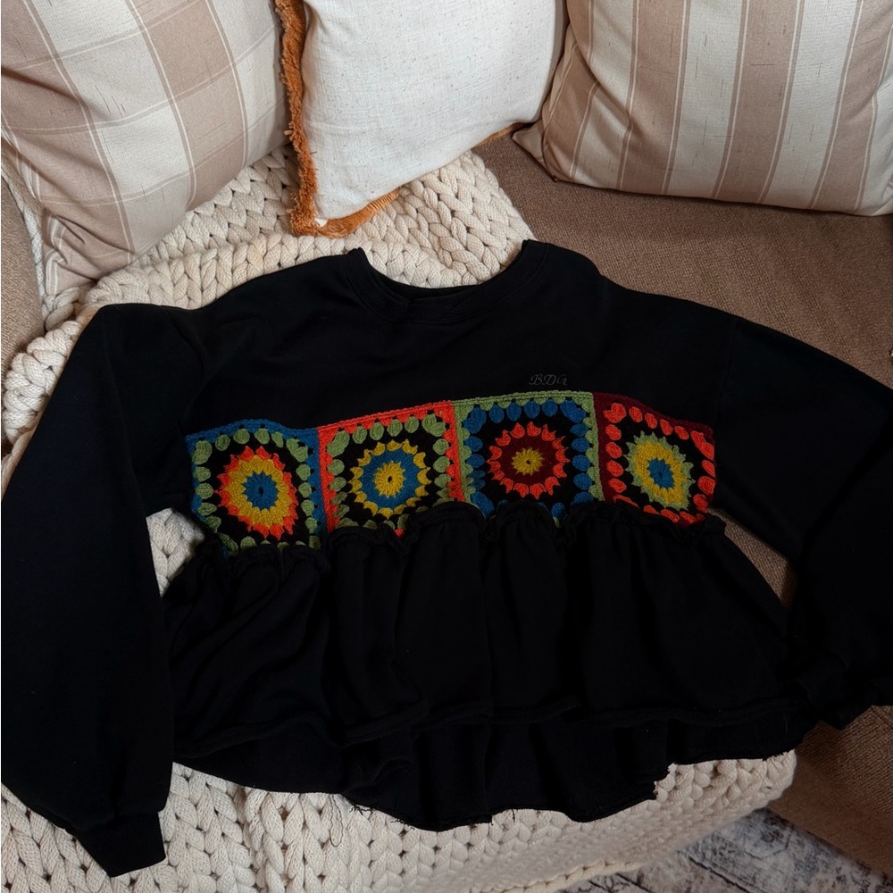 BDG Black Sweatshirt with Colorful Crochet Design and peplum